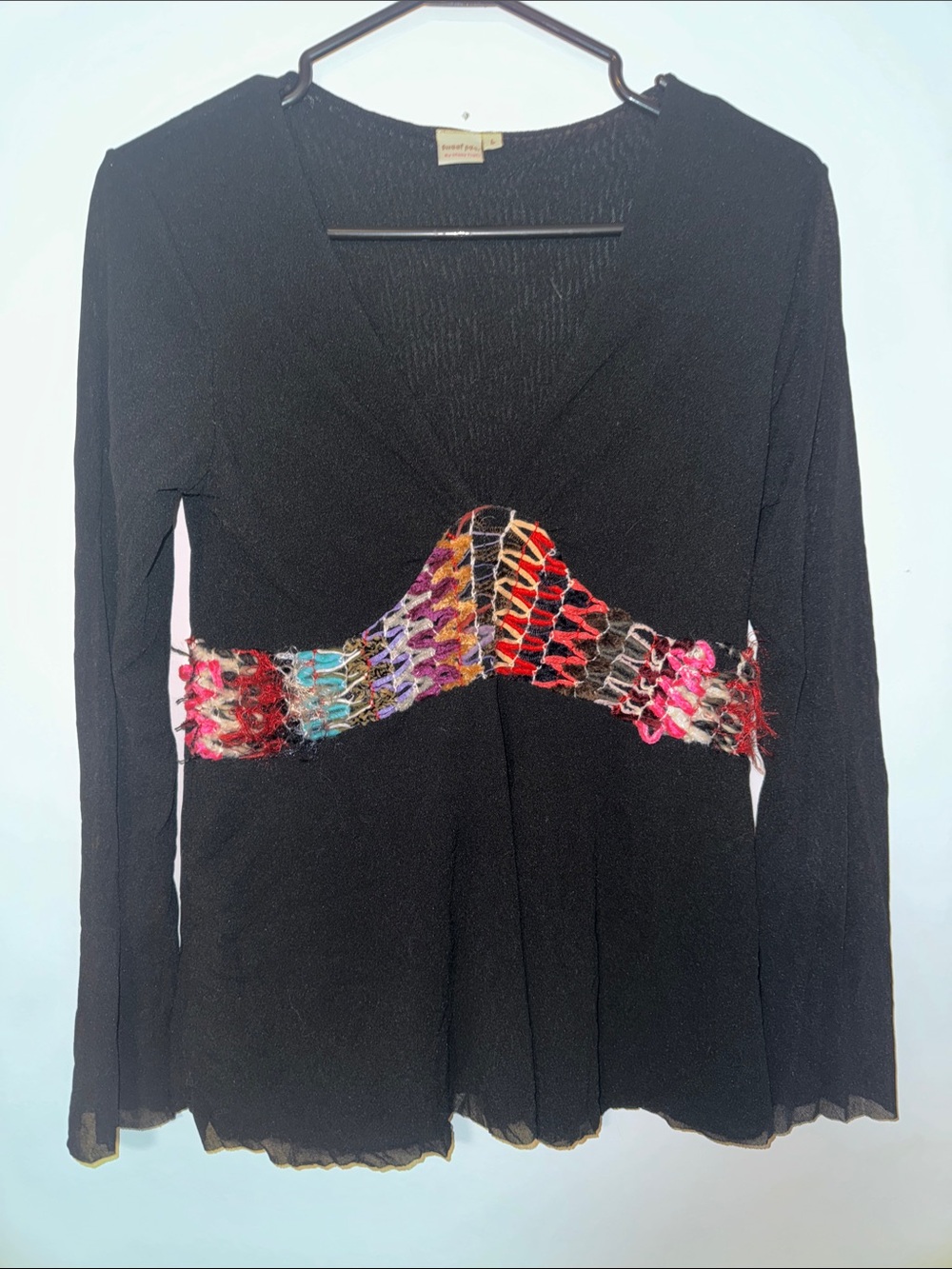 Sweet Pea Black Long-Sleeve V-Neck Top with Multicolor Crochet Waist. Stretchy